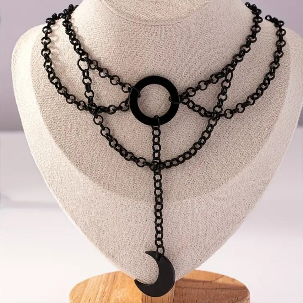 Black gothic layered chain and crescent moon necklace
